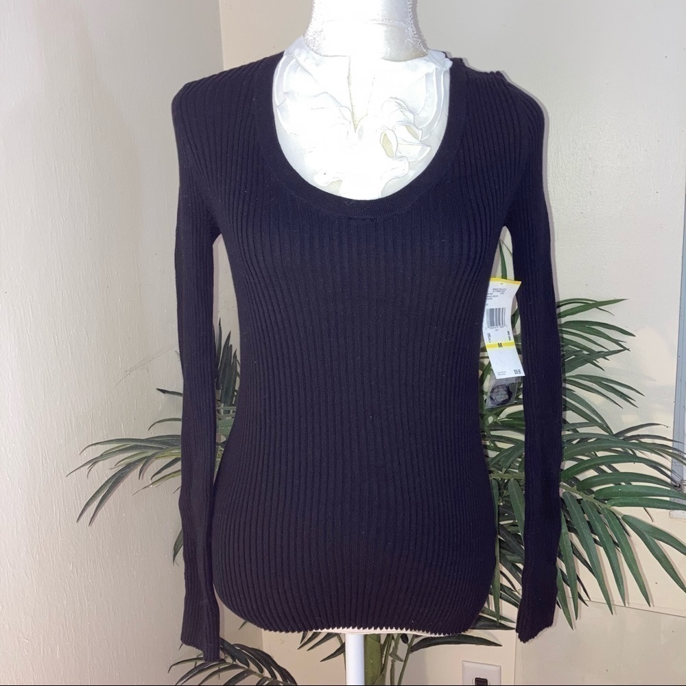 NWT AK Anne Klein Rib Ruffle Poly Neck Sweater M